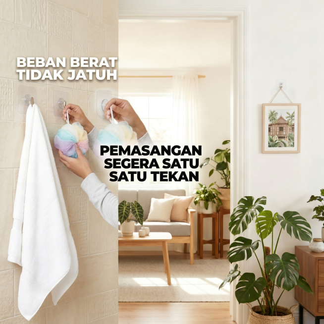 无痕墙钉子产品场景主图，简约高级清新风格，暖白浅木色浅绿色色系，马来风格，客厅居家温馨场景，女性使用产品挂毛巾，主体产品居中展示，核心卖点马来语短句标注："一按即装" "承重不掉"，文字用粗体醒目，比预览效果