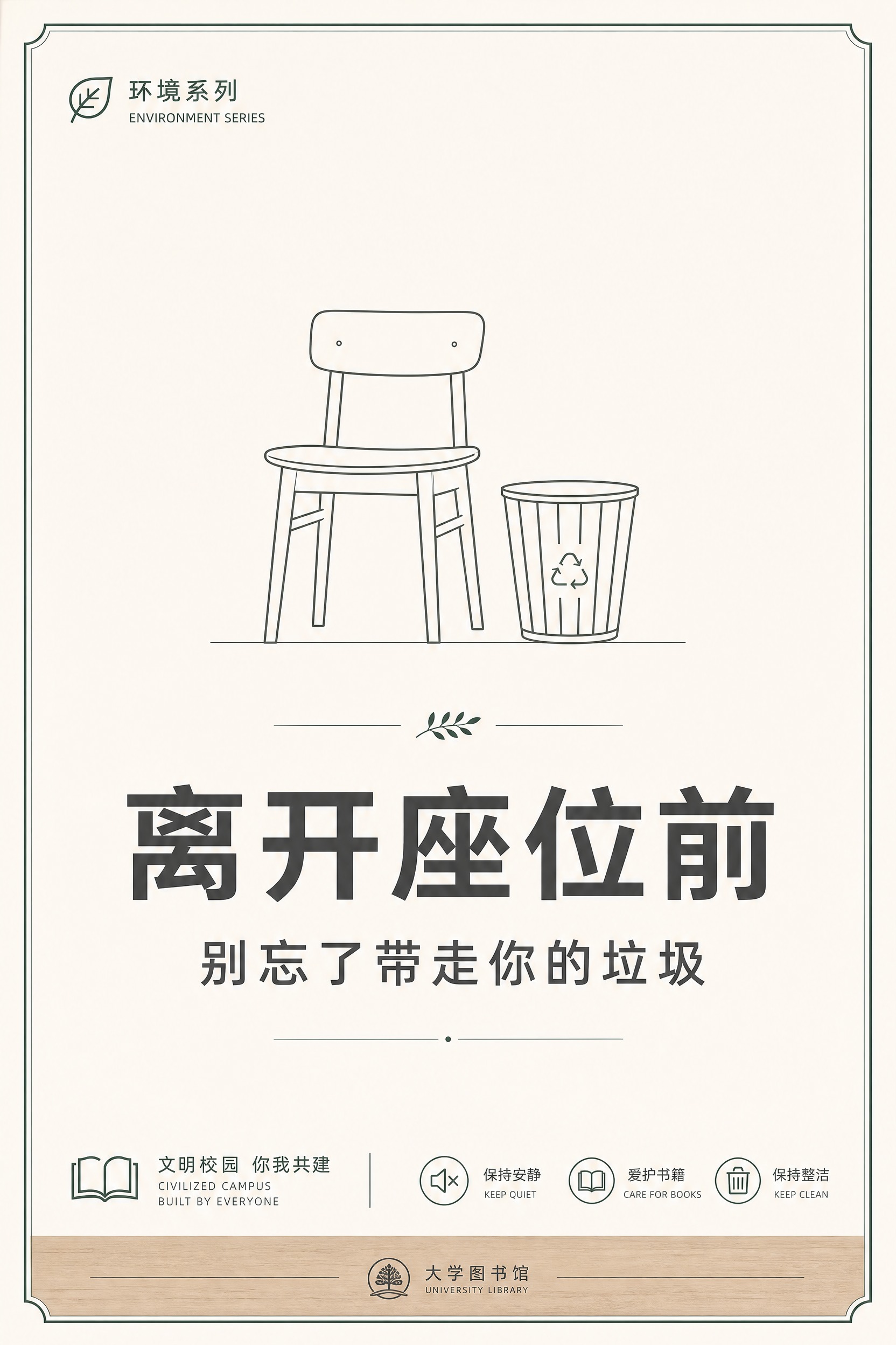 大学图书馆文明提示海报，极简校园公共空间风格，简约清爽克制高级… - 图片创意预览