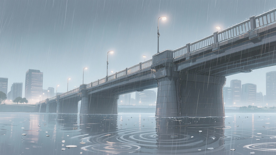 二次元，黑夜，下雨，城市桥边，氛围孤独、落寞，浅灰色、淡蓝色，不要人，细节丰富，16:9，生成二张预览效果
