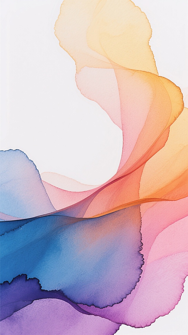 abstract background with dynamic, flowing forms in a watercolor painting style, soft and diffused edges, vibrant color gradient transitioning from deep blue at the bottom through purple, pink, orange to warm yellow at the top, gentle brushstrokes with visible texture, light white background, ethereal and dreamy atmosphere, fluid movement captured in delicate washes of color, no text or logos