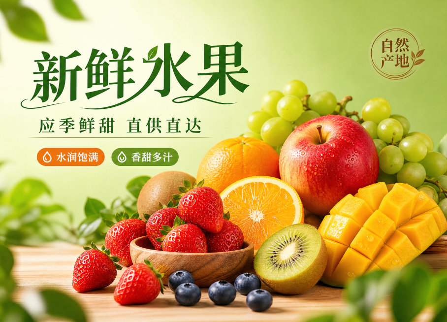 颜色鲜明的水果促销海报，写实商业摄影风格，主标题"新鲜水果"，副标题"应季鲜甜 直供直达"，卖点标签"水润饱满""香甜多汁"，装饰文案"自然产地"，画面包含多种新鲜色彩丰富的水果，采用暖光突出食欲感，预览效果