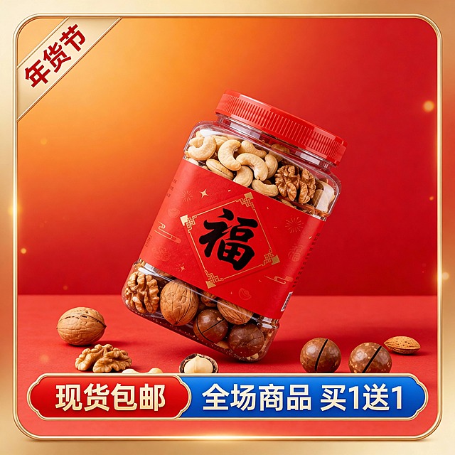 电商主图海报，海报四周装饰金色边框（顶边设计），左上三角标签写着“年货节”，底部装饰长条双色标签栏（顶边设计，左侧红金色块“现货包邮”，右侧蓝色色块“全场商品 买1送1”），主体悬浮在画面中心（占比30%，倾斜10度），整体色调红橙金，具有渐变效果和轻微的光泽感。