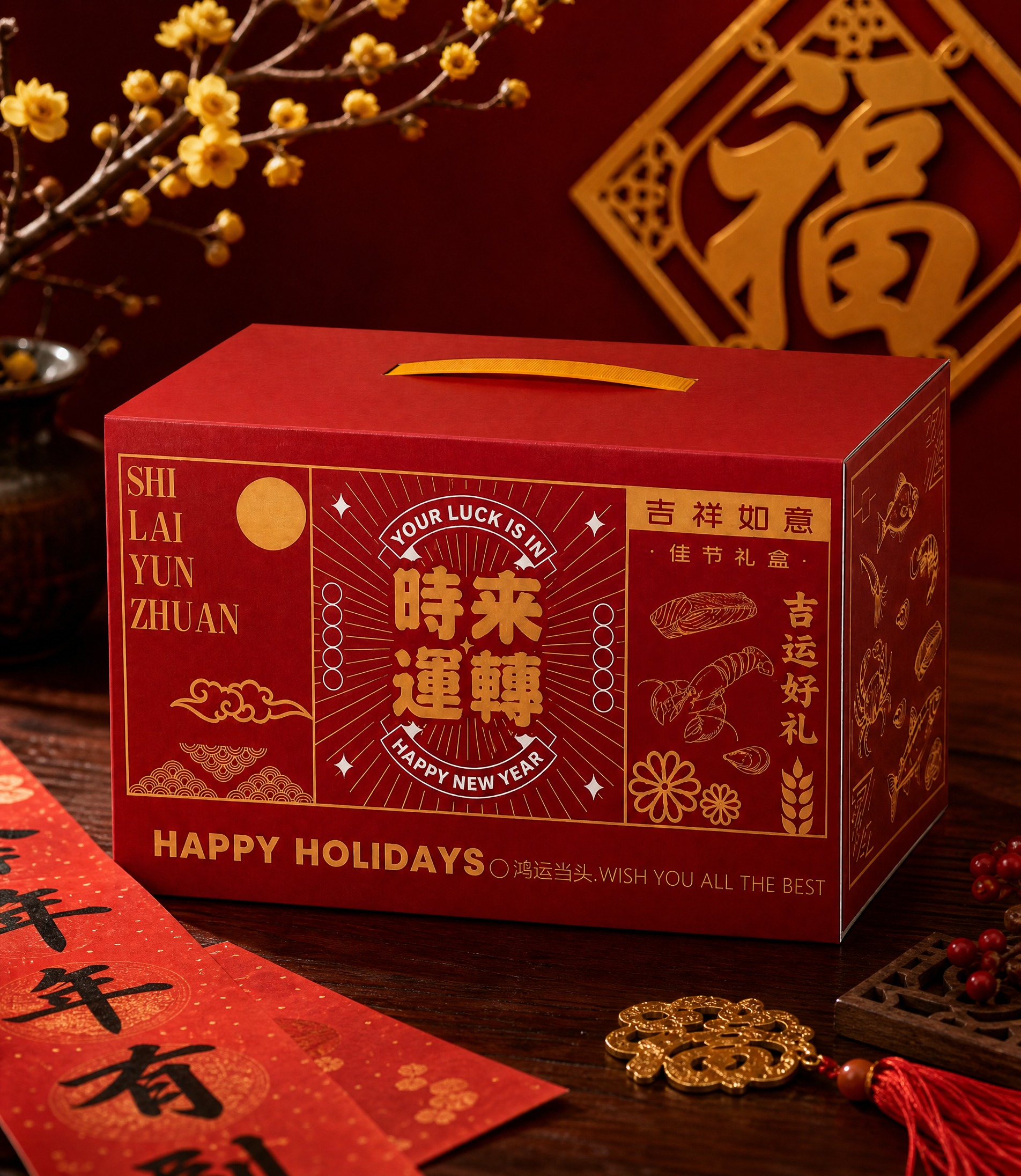保持礼盒外观完全不变，将场景更换为新中式春节风格，背景为深红色… - 图片创意预览