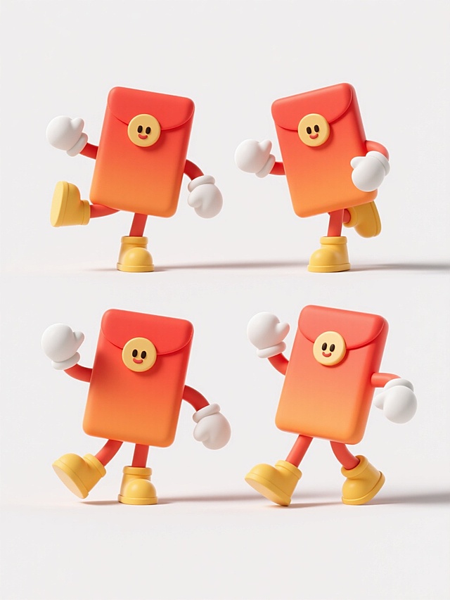 一组4个不同动态姿势的3D立体风格红包卡通形象，主体为橙红色渐变长方形红包造型，佩戴白色圆润手套与黄色靴子，呈现光滑细腻的塑料质感。明亮柔和的光影效果下高光清晰，阴影过渡自然，符合现实物理逻辑的肢体动作，简洁干净的白色背景，整体为低多边形建模风格的可爱喜庆设计元素，高细节，无文字信息。
