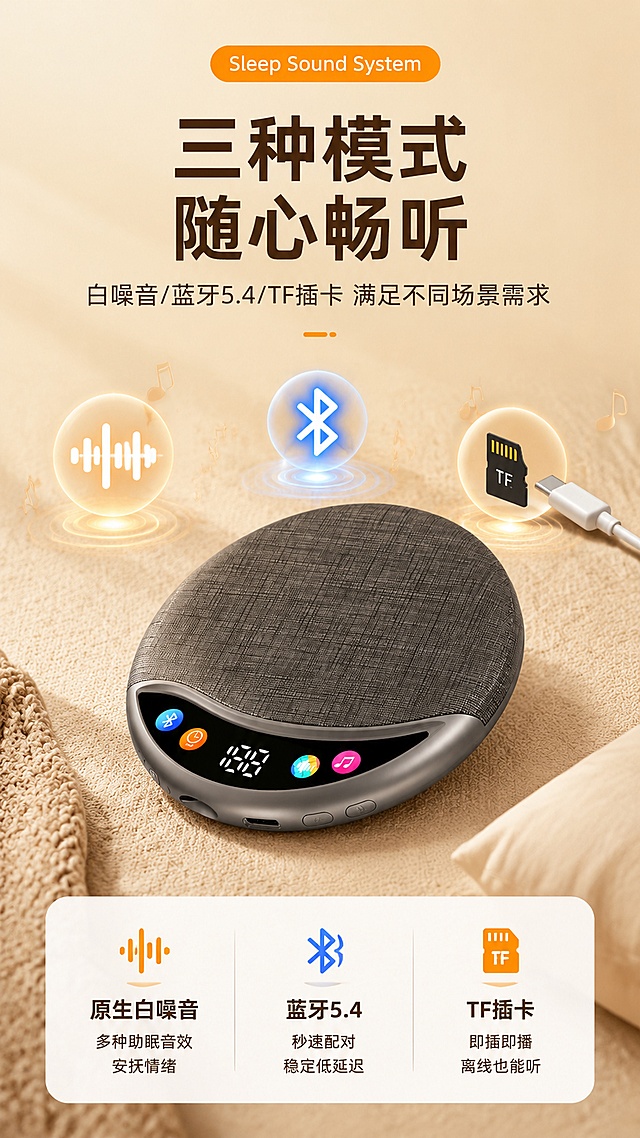 [第4屏] 多功能播放模式-枕上睡眠音响三种播放方式展示。本屏使用【图1】作为商品主体，参考图风格提取为：浅米杏暖色调、顶部英文胶囊标签、大标题+副标题、产品+配件场景、底部信息卡。
[氛围/风格] 实用功能展示，暖米杏色调，场景化呈现，商业摄影质感。
[元素布局] 产品置于画面中下部，占比约40%；产品周围布置三种播放模式的象征元素：白噪音波形图标、蓝牙符号、TF卡+Type-C线；背景暖米色+柔和光晕，营造多功能使用场景感；产品结构、布艺纹理、数显屏幕、侧边接口与输入图一致。
[光影质感] 顶部柔光均匀照明，配件有自然光影，产品底部柔和投影，整体明亮温暖。
[配色色系] 全局底色 #F7EFE2 暖米杏；主色深棕 #5C3A1E；辅助色橙色 #F5A623、蓝色蓝牙图标、粉色音乐图标、白色信息卡。
[视角构图] 正面微俯视，产品居中偏下，阅读动线顶部标题→中部产品+三种模式元素→底部三栏信息卡。
[文字版式] 顶部橙色圆角胶囊"Sleep Sound System"；主标题两行"三种模式 随心畅听"，深棕粗体居中；副标题"白噪音/蓝牙5.4/TF插卡 满足不同场景需求"；底部白色圆角信息卡分三栏：左栏配白噪音图标"原生白噪音"小字"多种助眠音效 安抚情绪"，中栏配蓝牙图标"蓝牙5.4"小字"秒速配对 稳定低延迟"，右栏配TF卡图标"TF插卡"小字"即插即播 离线也能听"。
[比例分辨率] 9:16竖版比例，4K分辨率，文字清晰可辨。
[负向提示词] 产品变形，接口错误，颜色偏差，水印，文字错乱，配件比例失调。