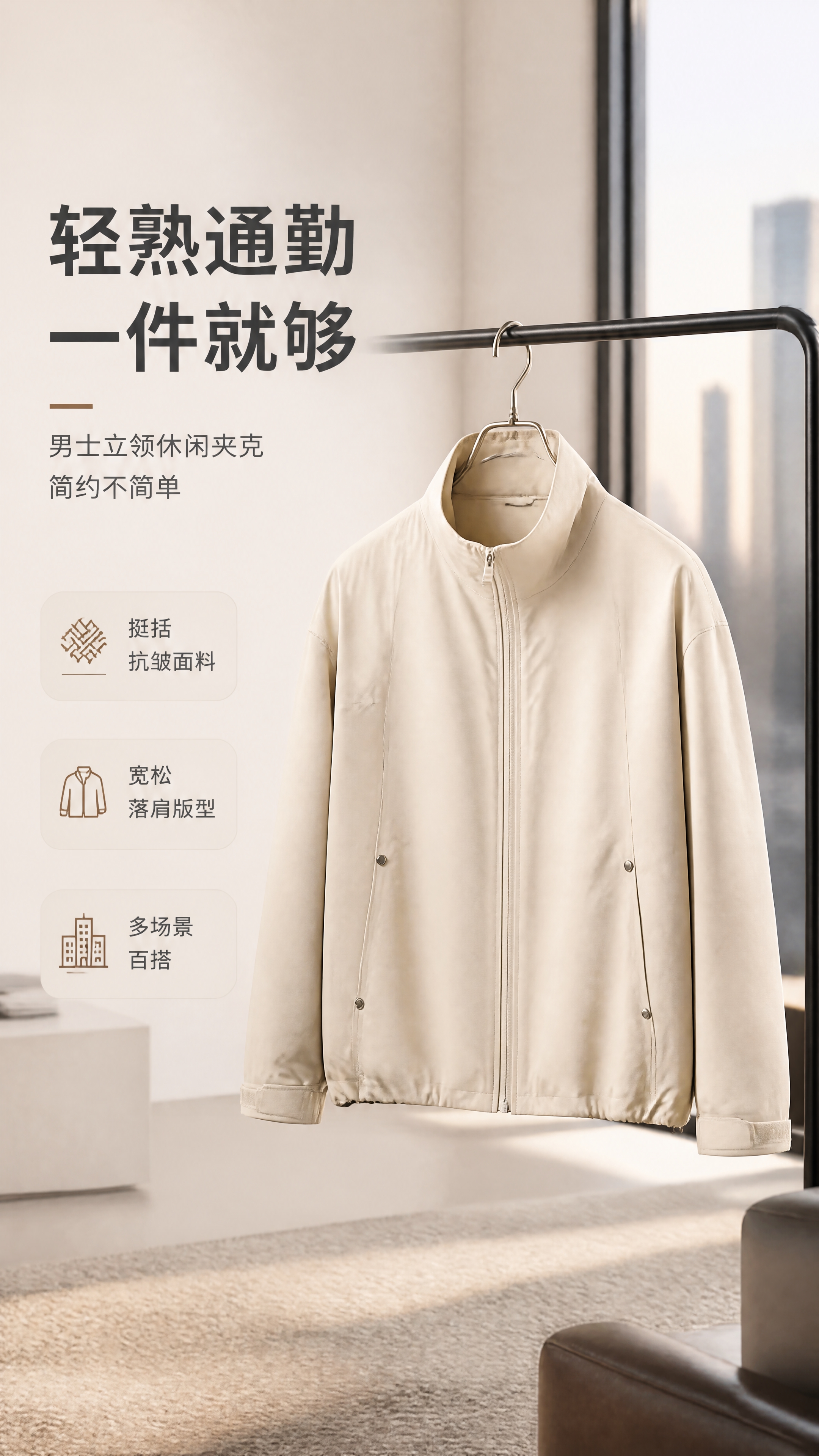 [商品] 使用【图1】浅米色男士立领休闲夹克；商品处理：保留立… - 图片创意预览
