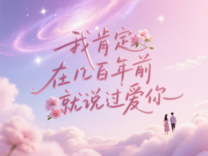 文字“我肯定 在几百年前 就说过爱你”，手写字，线条流畅。创意字体，花朵元素，淡粉色梦幻星云，淡紫色光晕，如棉花般柔软的云，远处隐约有一男一女，浪漫七夕氛围。预览效果