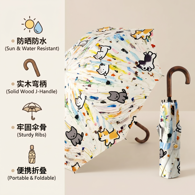 [主图 2] 晴雨伞核心卖点展示。
[氛围风格] 简洁专业，清晰突出卖点，柔和干净风。
[画质] 商业摄影质感，光线柔和通透，产品清晰真实，画面干净高级。
[元素] 折叠好的晴雨伞和打开的晴雨伞拼幅展预览效果