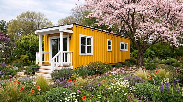 保留黄色集装箱小屋和樱花树主体，将裸露土地和碎石地面润色修改为茂盛花草地面，整体画面自然协调，尺寸为宽480高270