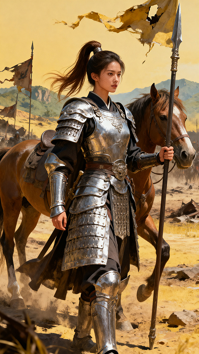 中国古代巾帼女将军全身像，小麦肤色英气五官，身着银色盔甲束高马尾，手持长枪站在战马旁，古战场背景，飒爽大气，不露大腿，完整全身构图