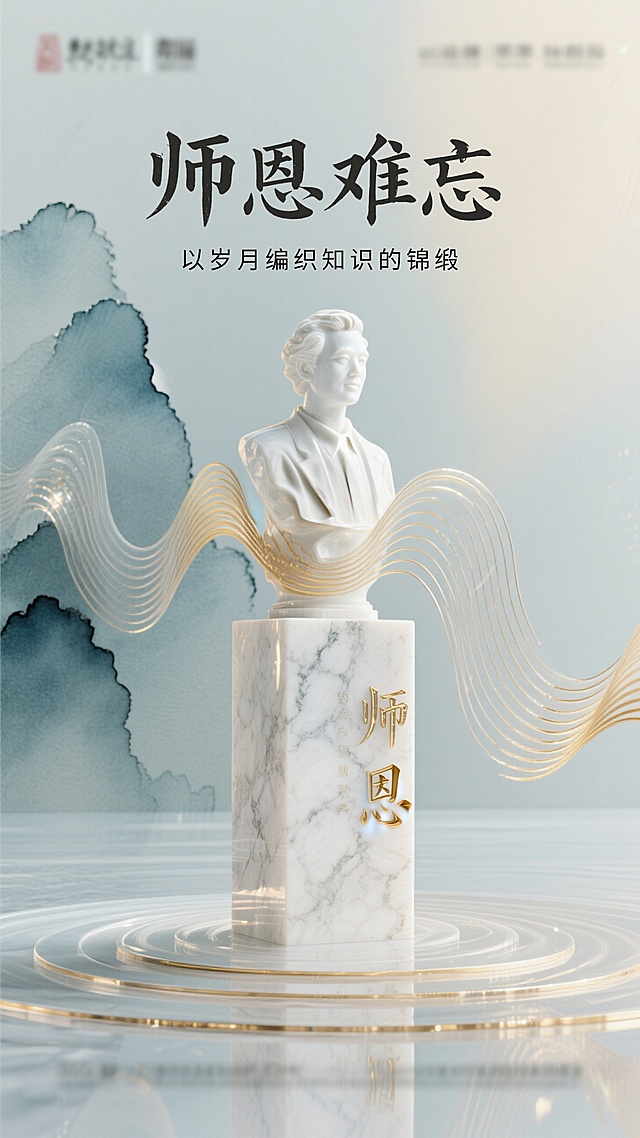 中式感3D风设计，大字“师恩难忘”彰显敬师之情，水墨与鎏金元素点缀，尽显典雅与尊贵。