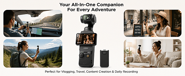 [第5屏] 全场景应用展示屏，DJI Osmo Pocket 3口袋云台相机，黑色哑光防滑机身，包含可翻转触控屏与三轴云台结构，本屏使用【图1】作为商品主体。
[氛围/风格] 轻松有代入感，多场景展示，符合美国内容创作者日常使用习惯，符合亚马逊3C数码高级A+视觉规范。
[元素布局] 中心产品+四周场景的布局，正中间放置产品主体，产品尺寸比例保持1:1，机身哑光黑色防滑纹理、正面OSMO与底部DJI LOGO位置、可翻转触控屏、三轴云台结构等所有细节与原图保持高度一致；四周均匀排布4张美国本土使用场景缩略图，分别为：公路旅行车载拍摄、户外徒步记录、城市咖啡店探店、居家日常vlog；顶部居中放置主标题，底部居中放置副标题；背景为柔和的米白色，整体氛围轻松自然。
[光影质感] 柔和均匀布光，产品清晰突出，场景展示自然。
[配色色系] 柔和米白色背景，文字为黑色，场景色彩自然和谐。
[视角构图] 横版中心辐射构图，产品居中，四周场景均匀分布，阅读动线流畅。
[文字版式] 主标题："Your All-In-One Companion For Every Adventure"，副标题："Perfect for Vlogging, Travel, Content Creation & Daily Recording"，主标题顶部居中，副标题底部居中，黑色无衬线字体，文字清晰不遮挡主体。
[比例分辨率] 尺寸1464 × 600px，比例2.44:1横版，4K分辨率，文字清晰可辨，高清画质。
[负向提示词] 产品变形，尺寸比例失调，细节缺失，文字错乱，颜色偏差，结构错误，背景杂乱，水印，中文字符