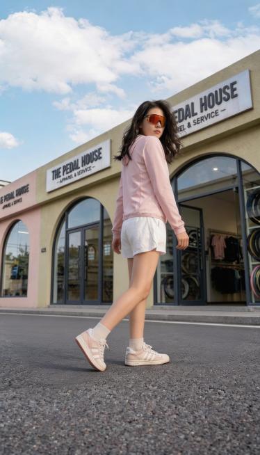 保留图1中的少女模特、她的姿态、表情、服饰、背景的自行车商店建筑、深灰色沥青路面、淡蓝色积云天空以及整体光影效果，移除画面中的自行车，将人物手部调整为自然放松的姿态，补全被自行车遮挡的路面和背景部分，预览效果