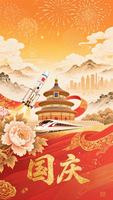 橙黄天幕缀烟花与云朵，国画风山水映现代城。天坛、高铁、宇航员火箭相映，带金纹光斑的红飘带蜿蜒其间。下方“国庆”金光大亮，暖橙、红、金铺就喜庆，牡丹绽放、金纹点缀，传统与现代交融，满溢热烈欢腾。预览效果