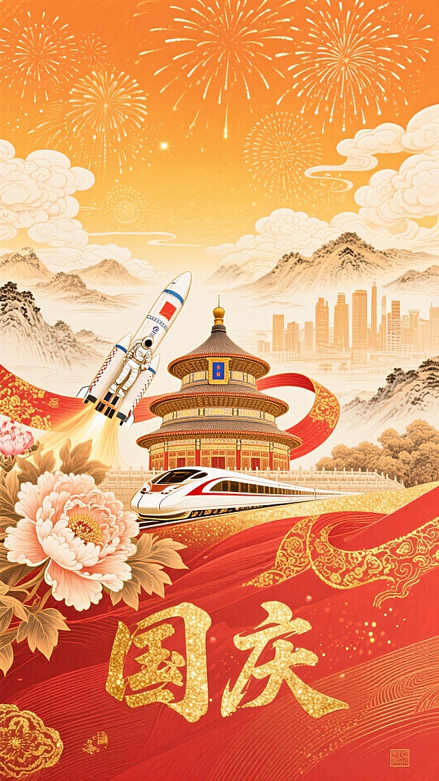 国潮风插画，融合天坛、火箭与高铁，鎏金字体“国庆”闪耀，烟花绽放，水墨山水背景，喜庆感十足，科技与传统交织，彰显中式美学。