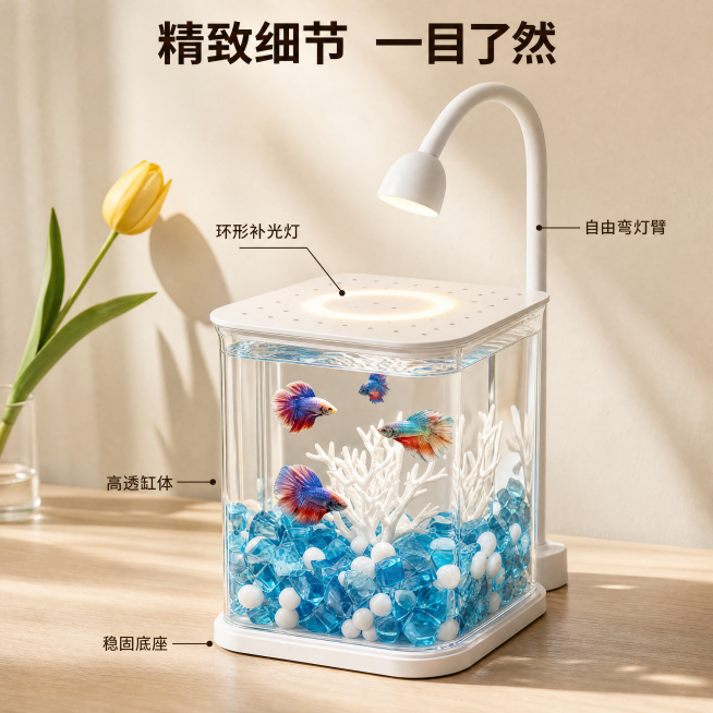[主图-2] 鱼缸细节卖点展示图。
[氛围风格] 温馨居家原木风，保持与首图一致的场景和光线风格。
[画质] 商业摄影质感，产品清晰锐利，细节丰富真实，画面干净高级。
[元素] 特写展示鱼缸产品的核心预览效果