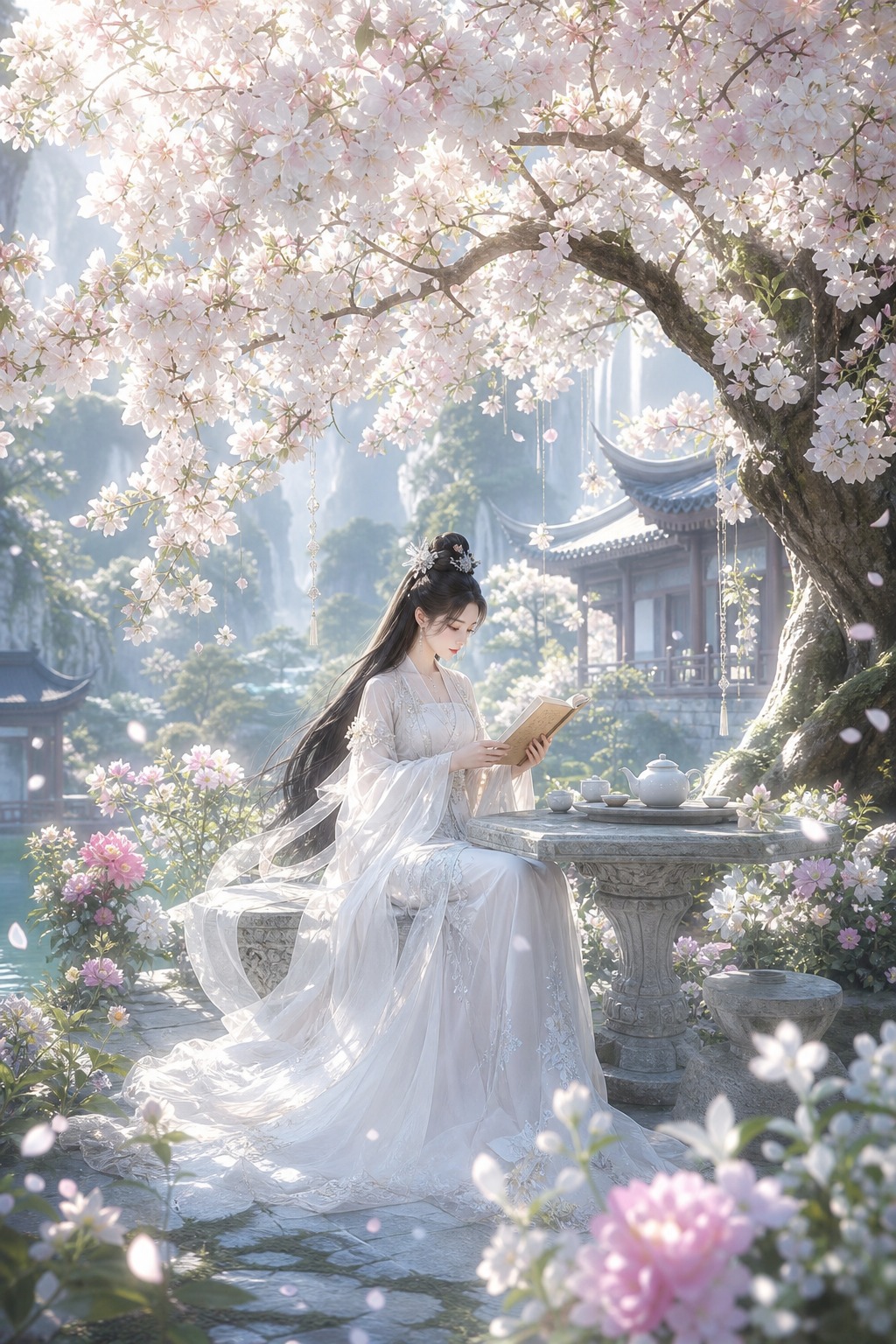 仙侠世界灵动飘逸风格的唯美画面，竖版2:3。场景：绿意盎然、花… - 图片创意预览