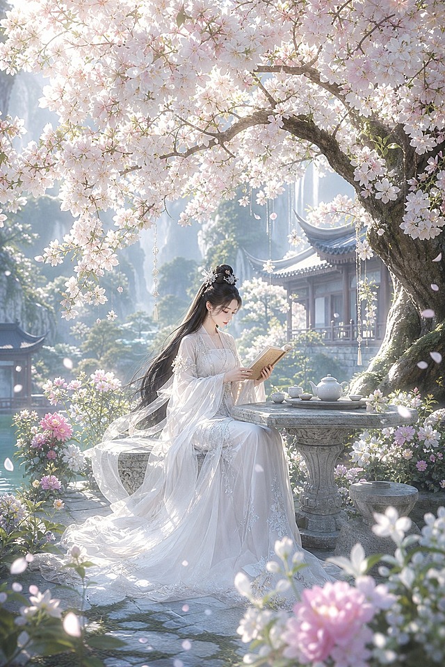 仙侠世界灵动飘逸风格的唯美画面，竖版2:3。场景：绿意盎然、花团锦簇的青翠山林中，有一座精致阁楼小院，小院周围繁花似锦；院中有一株巨大花树，满树繁花如云似霞，花瓣随风轻落。花树下有一张精巧石桌，石桌前的石凳上坐着一位绝美女子：面容清冷，一袭华丽白色长裙，衣料精致飘逸、衣袂翩翩，青丝如云，高髻云鬓；她手里拿着一本书册细细研读，旁边石桌上放着一套茶壶和茶杯。光线明亮自然、柔和通透，画面清亮，营造梦幻、空灵、没有重量的仙气氛围。画面中不要出现任何文字。