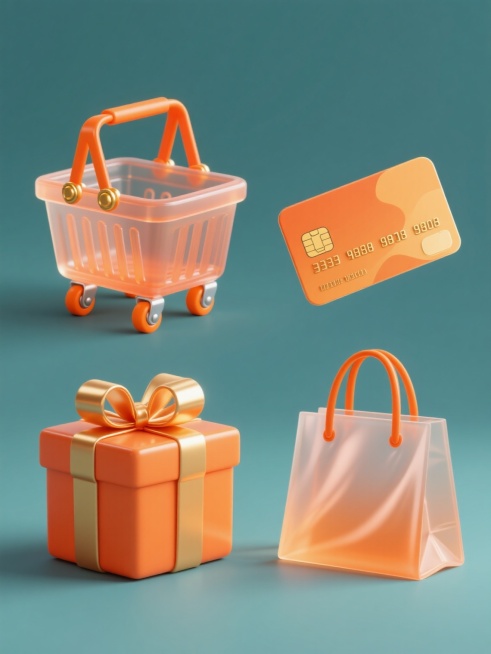 四个同风格商城元素的规整排布集合，每个元素均采用半透明渐变橙色材质，具有光滑塑料质感和柔和高光，统一的3D立体建模风格，纯色背景。从左到右、从上到下依次为：1. 半透明渐变橙色购物篮，带橙色把手和金色装饰，底部有四个橙色带银色轮毂的滚轮；2. 半透明渐变橙色信用卡，带有金色卡号和芯片图案，微微弯曲的卡片形态；3. 半透明渐变橙色礼盒，带金色蝴蝶结和丝带，盒身有细微的光泽纹理；4. 半透明渐变橙……预览效果