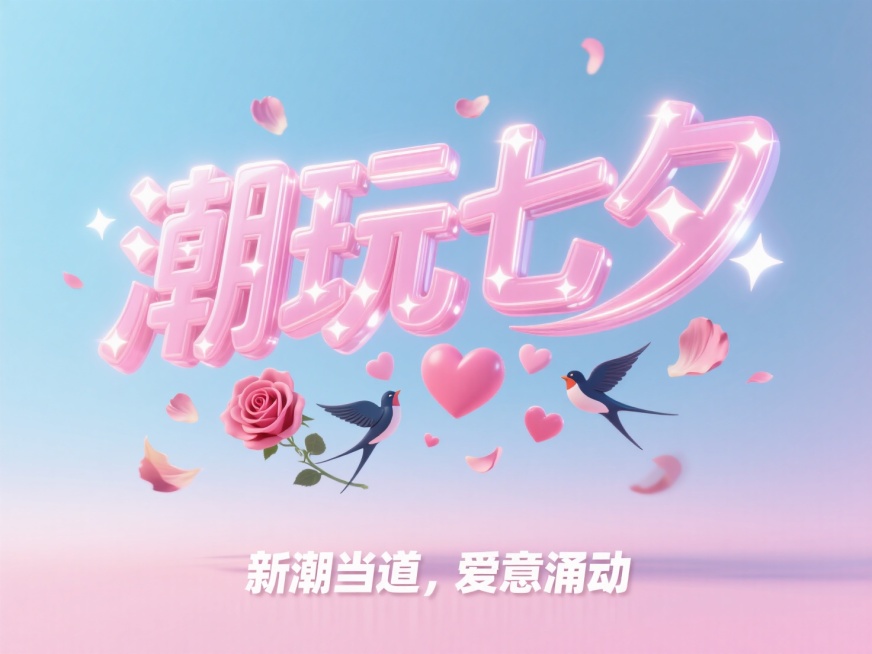 主题文字“潮玩七夕”呈立体悬浮感，七夕元素，营造氛围。背景为柔和的渐变粉蓝，营造清新浪漫感
文字下方添加七夕元素图案 
底部文字 ： 新潮当道，爱意涌动预览效果