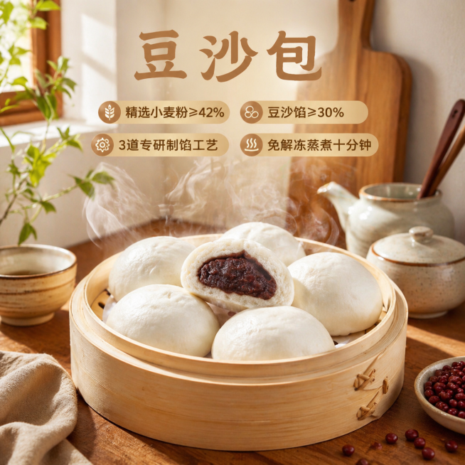 豆沙包温馨厨房场景图，将豆沙包放在木质餐桌的蒸笼里，摆放切开露出豆沙馅和完整的豆沙包，周围搭配简约厨房餐具，自然光温暖柔和，凸显产品松软诱人，符合中式早餐氛围，保留产品卖点文字：精选小麦粉≥42%，豆预览效果
