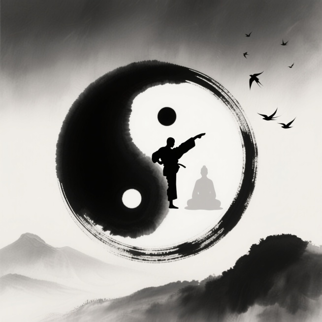 中国风水墨风格，黑白灰渐变色调，柔和朦胧光影，水墨晕染笔触质感，圆形构图，宁静悠远的氛围，太极阴阳鱼图案位于画面中心，黑色区域有一位正在做空手道踢腿动作的黑色剪影人物，白色区域有一位静坐的白色剪影人物，太极图周围有墨色的环形笔触，背景是淡墨色的远山轮廓和几只飞鸟剪影，整体保持水墨写意的艺术风格，展现太极阴阳平衡的主题。预览效果