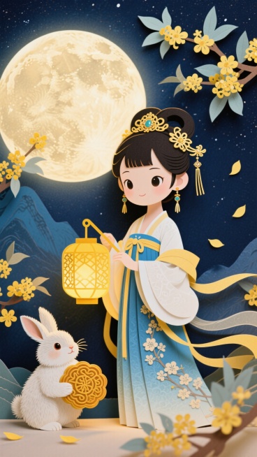 Q版古装少女（蓝白渐变桂花暗纹汉服、鎏金嵌玉发簪、流苏耳饰、暖黄色镂空宫灯）、绒毛蓬松玉兔（抱花纹金黄月饼），中景为有环形山细节的巨大满月，背景是深邃藏蓝色星空。点缀开满嫩黄花的桂花枝与飘落的半透明桂预览效果