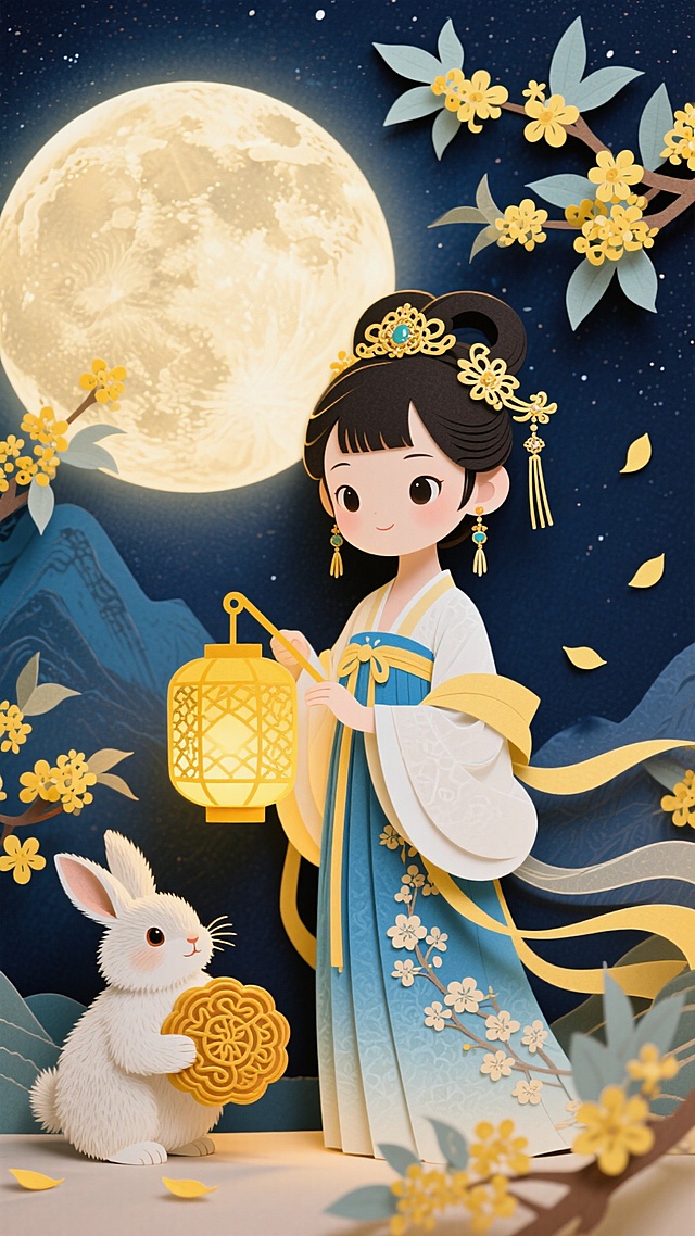 卡通风格插画，融合撕纸与剪纸元素，展现古典中式韵味。少女执灯望月，玉兔捧饼，满溢温馨梦幻感，传递中秋佳节的可爱与祥和。
