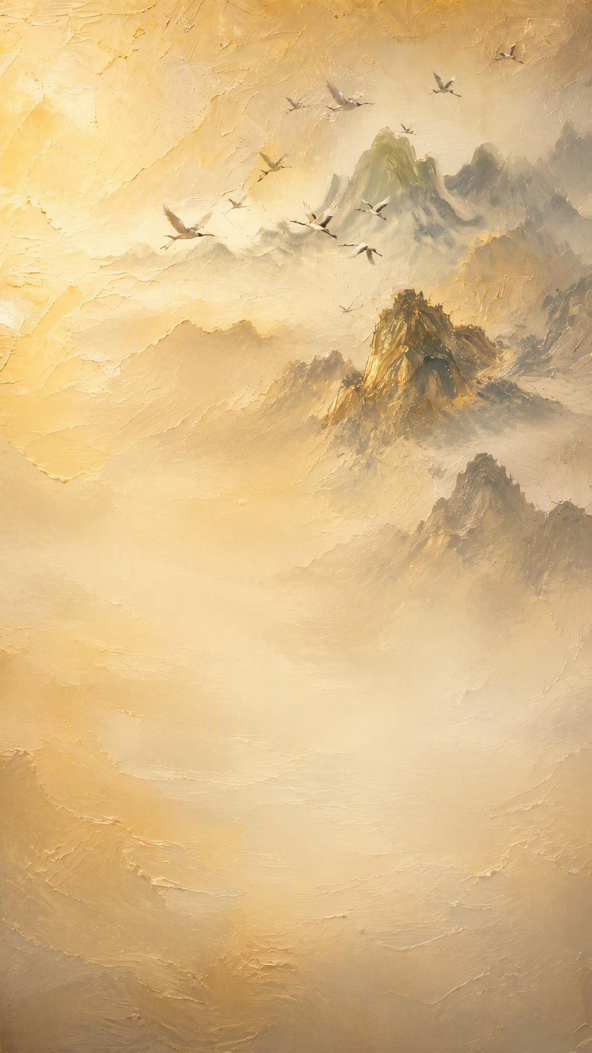 中式油画风格的山水背景，暖金色调，有远山、飞鹤，油画笔触肌理质… - 图片创意预览