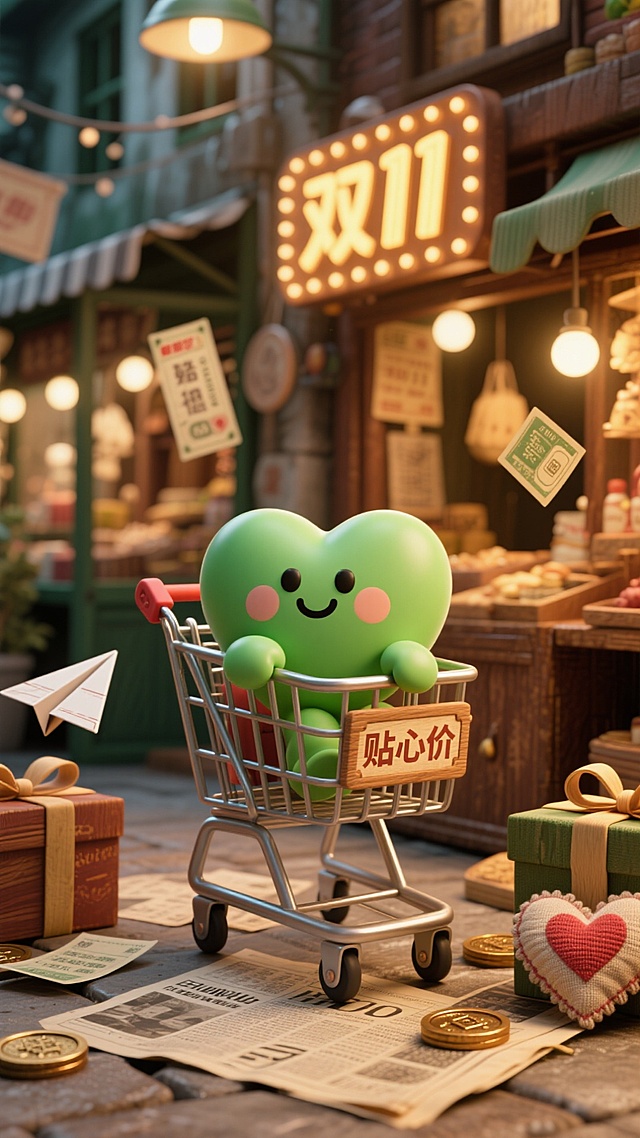 软3D风拟人绿心推购物车，温馨市集双11促销场景，粘土质感搭配卡通元素，传递可爱趣味与贴心价优惠氛围。