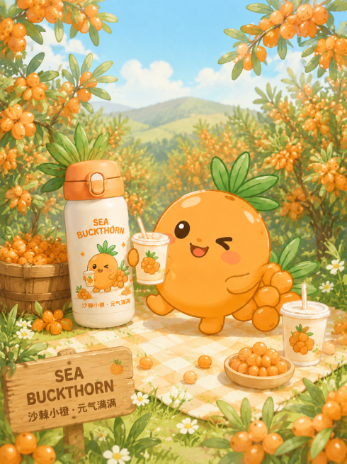沙棘饮品IP场景插画，统一使用沙棘小橙水果IP形象，展示IP在一片沙棘果林中，周围有新鲜沙棘果和饮品，保持和参考图一致的可爱萌系风格，清新自然田园橙绿色调预览效果