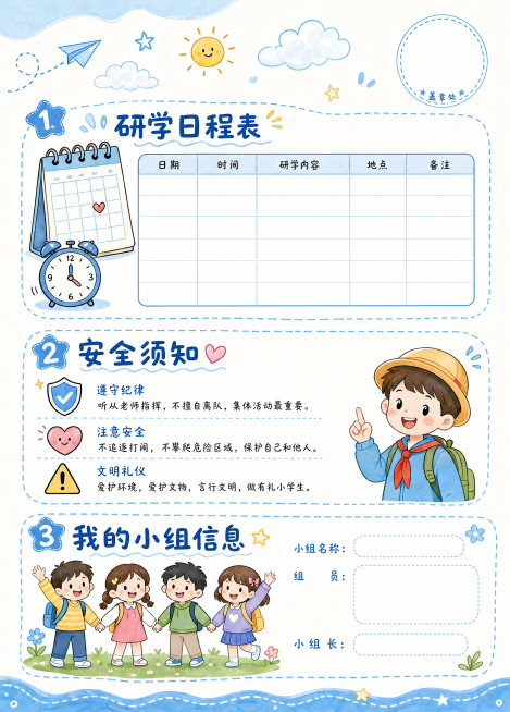 A4童趣手绘研学手册开篇内页，整体统一童趣风格，画面清新干净、版式规整。页面右上角设置空白圆形闯关印章打卡位。页面分为三大清晰板块，分区线条为圆润虚线边框。第一板块：研学日程表区域，搭配简约日历、时钟预览效果