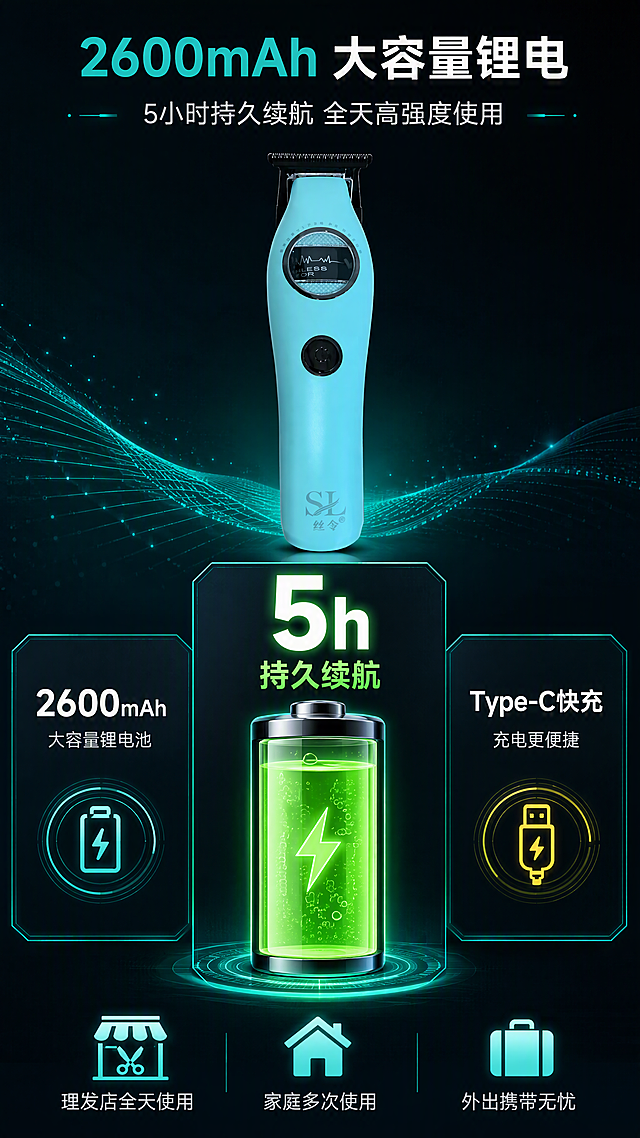 [第7张] 详情页续航能耗-2600mAh大容量锂电5小时持久续航。本张使用【图1】作为商品主体小图展示。
[氛围/风格] 科技数据风，深青黑底，绿色能量光效，数据可视化，商业摄影质感。
[元素布局] 画面中上部放置理发器正面图，占比约30%；下方是一枚大型电池容量数据卡，电池图标内有绿色能量液填充至满格状态；电池两侧分布两枚小数据卡，左侧是续航时长，右侧是充电相关信息。背景有淡淡的能量波纹和数据粒子效果，底部有使用场景图标示意（全天营业、家用、外出）。
[光影质感] 均匀柔光，数据卡有发光描边，电池能量液自发光，整体干净明亮，数据突出。
[配色色系] 全局底色 #0E1A24 深青黑；主色能量绿 + 蒂芙尼蓝点缀；辅助色白色数字、深灰卡片、黄色充电标识。
[视角构图] 正面平视，上产品下数据的上下构图，阅读动线顶部产品 → 中部大电池数据 → 两侧小卡片。
[文字版式] 顶部主标题「2600mAh 大容量锂电」，副标题「5小时持久续航 全天高强度使用」；中央大电池图标上方大数字「5h」标注「持久续航」；左侧小卡「2600mAh」小字「大容量锂电池」；右侧小卡「Type-C快充」小字「充电更便捷」；底部三枚场景图标配文「理发店全天使用」「家庭多次使用」「外出携带无忧」；文字层级清晰，数字醒目。
[比例分辨率] 9:16 竖版比例，4K 分辨率，文字清晰可辨，高清画质。
[负向提示词] 机身变形，颜色偏差，水印，文字错乱，数据模糊，电池图标错误，背景杂乱。