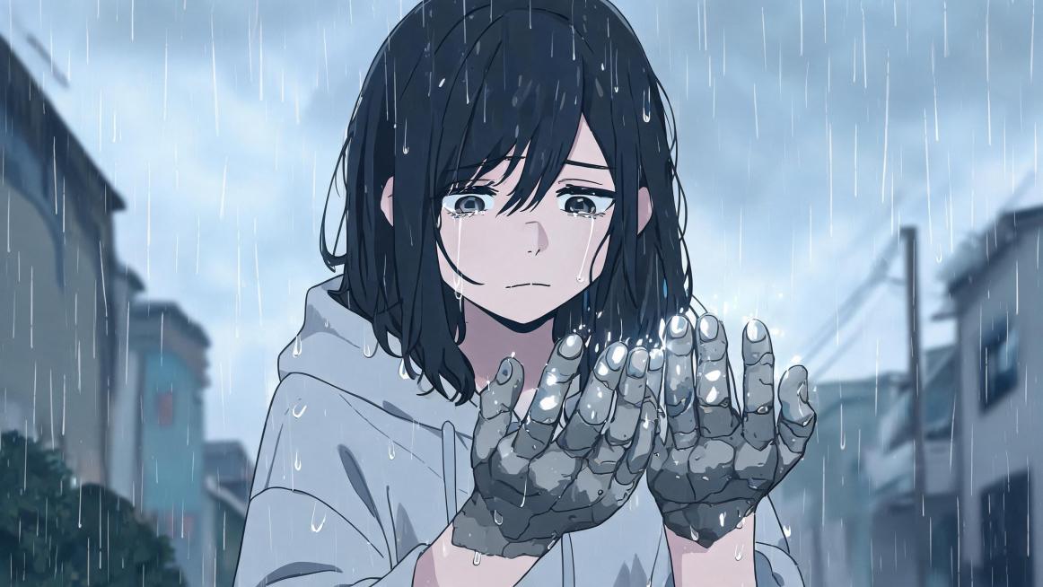 画面风格为 2D 动漫风格，一名女孩在雨中看着自己的双手——双手在雨滴的冲刷下变成了灰色的石头质感。皮肤上的雨滴闪烁着光芒，女孩的表情充满悲伤，整体氛围沉闷而富有电影感，画面采用扁平化的插画风格呈现。预览效果