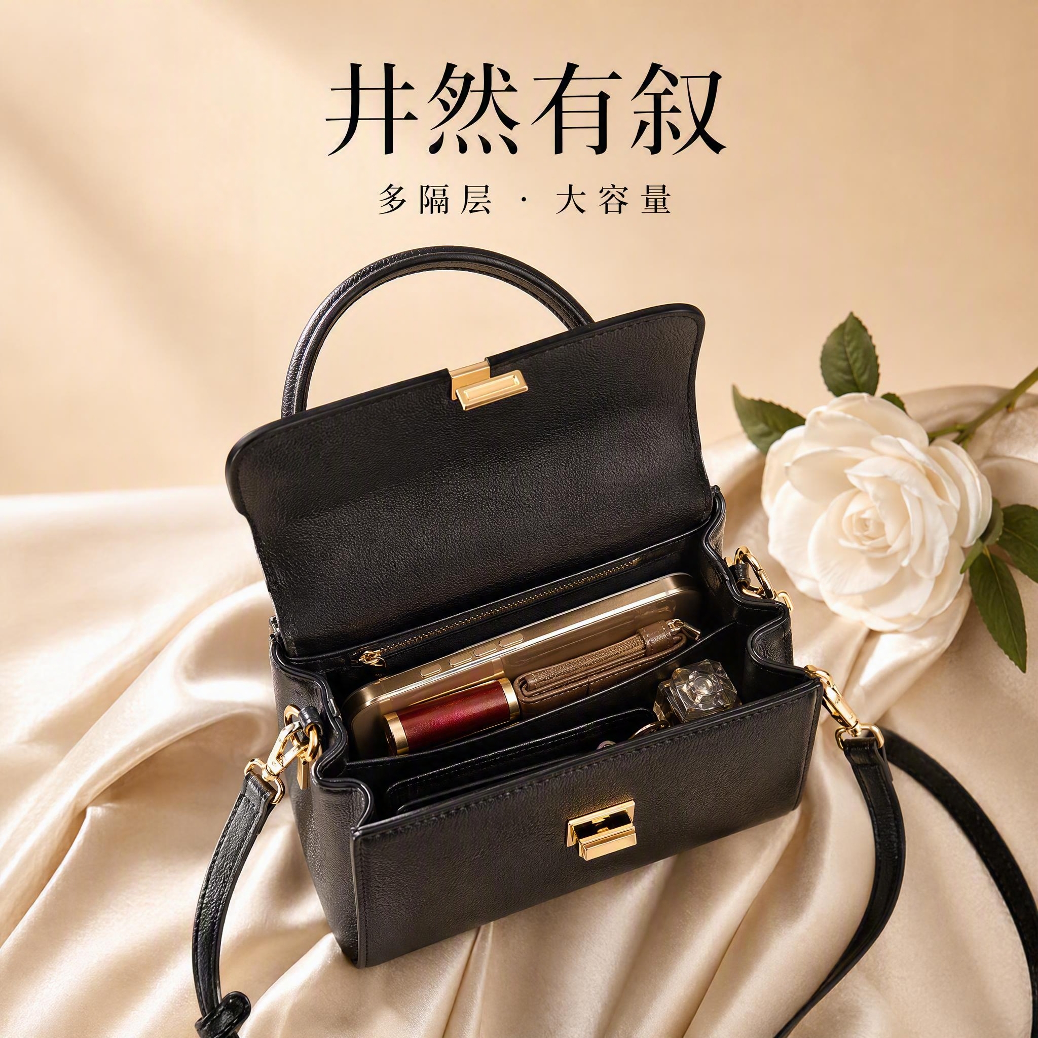 高端时尚编辑大片风格的黑色粒面皮革手提小方包容量展示图。包包以… - 图片创意预览