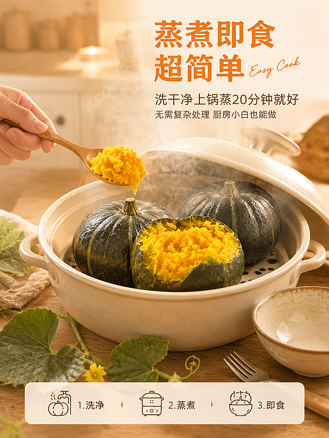 [第6屏] 手部操作展示屏-宁夏沙漠老贝贝南瓜蒸煮即食轻松料理。本屏使用【图1】作为商品主体。
[氛围/风格] 家常烟火气，温馨厨房场景，真实操作感，简单治愈。
[元素布局] 画面主体为厨房台面场景：中间放一个蒸锅，锅盖半开，蒸汽袅袅升起，蒸格里放着2个完整贝贝南瓜，其中一个已被切开露出金黄粉糯内部，占比约55%。左侧一只亚洲女性的手（肤色自然）正用木勺舀起一勺南瓜泥，南瓜泥细腻粉糯从勺边微微落下。右侧放着陶瓷碗和餐叉，背景是虚化的厨房橱柜和暖光小灯。台面散落几片南瓜叶装饰。**保持贝贝南瓜外观（即物理结构、外皮深绿色、内部金黄粉糯质感、颜色）与输入产品图绝对一致，杜绝任何变形和色差**。
[光影质感] 暖黄厨房灯光从上方照射，蒸汽在光线下呈现丁达尔效应，南瓜表面有温润光泽，手部光影自然，整体暖调温馨，明暗层次丰富。
[配色色系] 全局底色 #FFF5E8（浅暖橙）；主色南瓜金黄 #F5A623、暖木棕 #A67C52；辅助色奶白、浅灰、淡金。
[视角构图] 45度平视视角，手部和南瓜为视觉中心，前中后景分层，景深中等，阅读动线从左到手部动作 → 中间蒸锅南瓜 → 右侧餐具。
[文字版式] 右上负空间右对齐留安全边距，三行主辅文案。主标题「蒸煮即食 超简单」，暖橙色最大号粗体；副标题「洗干净上锅蒸20分钟就好」，约半高、深棕色细黑体；再下方更小字号「无需复杂处理 厨房小白也能做」。主标题旁叠加英文装饰词「Easy Cook」手写体。底部极轻微半透明暖底条横向排列三个步骤图标+文字：「1. 洗净」「2. 蒸煮」「3. 即食」，图标简约，文字小号清晰。
[比例分辨率] 3:4 竖版比例，2K分辨率，文字清晰可辨，高清画质。
[负向提示词] 变形，水印，文字错乱，文字过小，缺件错件，结构错误，颜色偏差，产品图模糊，背景杂乱，电商平台Logo，成人正脸。