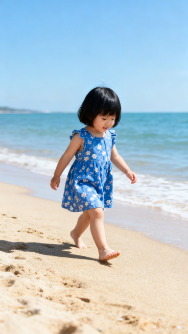 在充满阳光的沙滩上，有一位黑色短发的可爱小女孩，光脚丫走在沙滩上玩耍，她穿着一件蓝色小碎花裙，整体氛围可爱阳光，晴朗天气，海景风光，高清画质预览效果