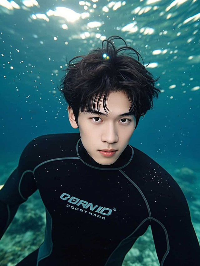 一个帅气男生在深海之中身穿潜水服，直视镜头，粒子颗粒装饰，以深蓝色调为主