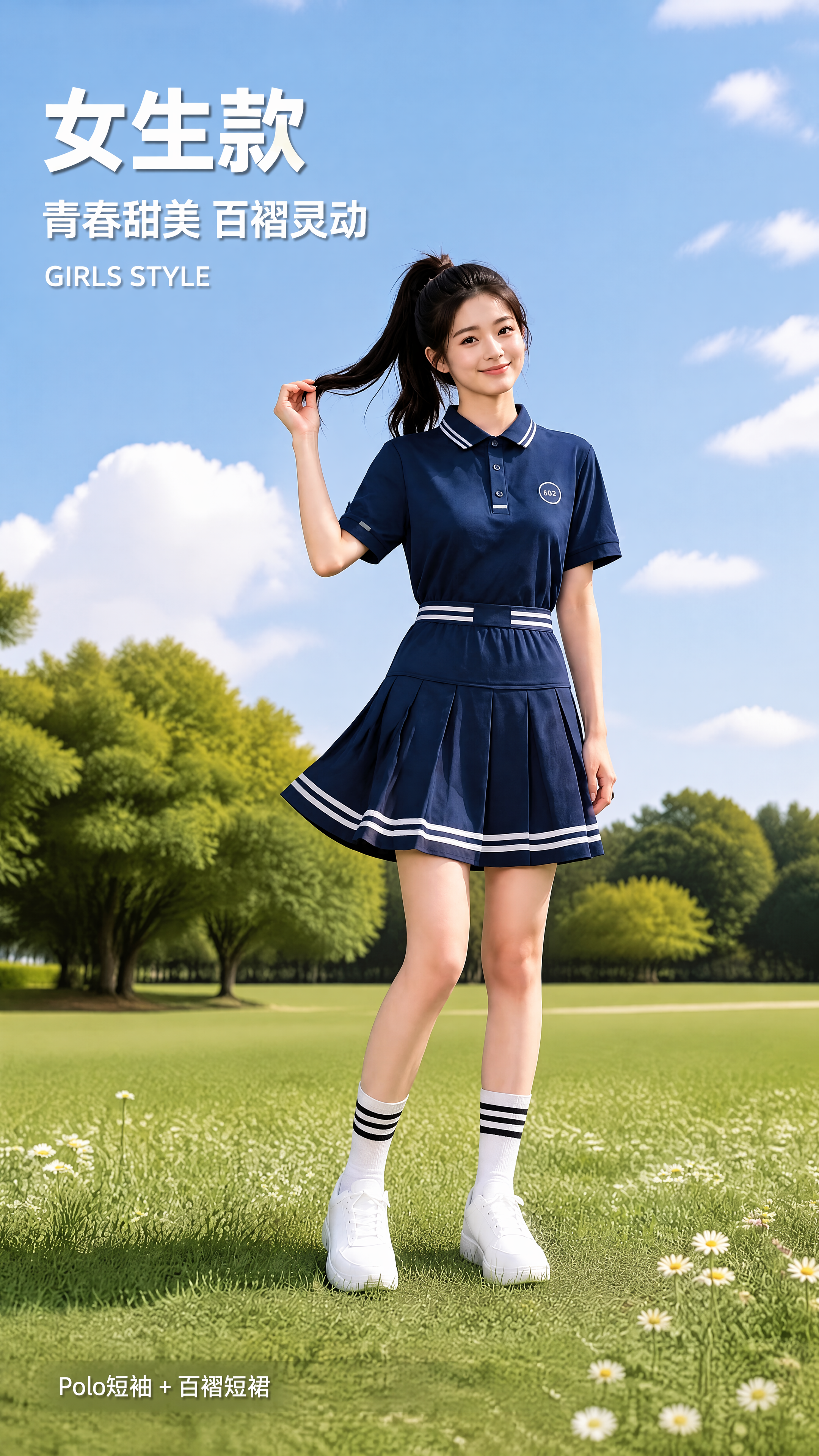 修正女生款校服模特图：将Polo短袖的袖口改为纯藏青色，去除袖… - 图片创意预览