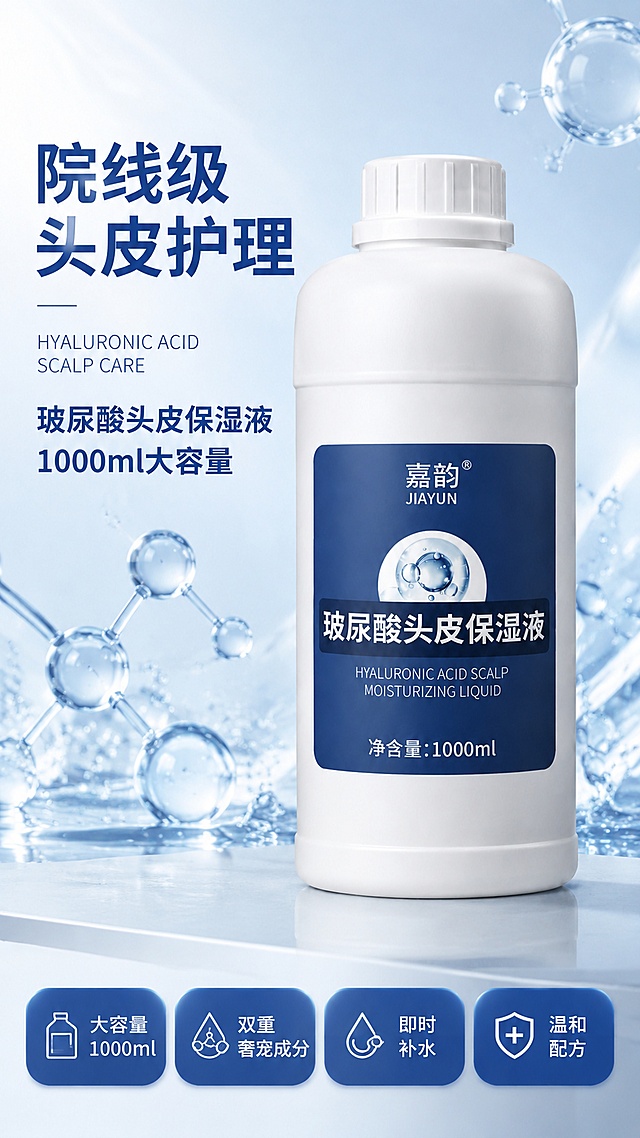[第1屏] 详情页头图-嘉韵玻尿酸头皮保湿液1000ml院线级产品主视觉海报。本屏使用【图1】作为商品主体。
[氛围/风格] 院线级专业护理风，高级水光质感，蓝白清透色调，商业摄影质感，1688批发采购专业感。
[元素布局] 产品瓶身置于画面中央偏右，占比约55%-60%，正面展示，瓶身结构、蓝色标签、白色瓶盖、嘉韵品牌logo、玻尿酸头皮保湿液字样、1000ml净含量与输入产品图完全一致；左侧为标题文案区；底部为4个胶囊形卖点图标区；背景为浅蓝色渐变水光效果，点缀透明水分子、气泡、玻尿酸分子结构元素；台面为浅灰色反光台面，产品下方有柔和倒影。
[光影质感] 左上方柔和主光，右侧辅助光，瓶身有自然高光带，整体通透明亮，水光粼粼质感。
[配色色系] 全局底色 #E8F2FB 浅蓝渐变；主色 #1E5BA8 深蓝；辅助色 #FFFFFF 白色、#4A90D9 中蓝点缀。
[视角构图] 正面微仰视，产品为视觉中心，阅读动线左上标题 → 中部产品 → 底部卖点条。
[文字版式] 左上主标题「院线级头皮护理」，副标题「玻尿酸头皮保湿液 1000ml大容量」，深蓝粗黑体；主标题下英文小字「HYALURONIC ACID SCALP CARE」；底部横向排列4个圆角胶囊卖点图标：「大容量1000ml」「双重奢宠成分」「即时补水」「温和配方」，蓝底白字；文字不遮挡瓶身主体。
[比例分辨率] 9:16 竖版比例，4K分辨率，文字清晰可辨，高清画质。
[负向提示词] 瓶身变形，标签文字错乱，颜色偏差，缺件错件，水印，文字过小，产品图模糊，背景杂乱。