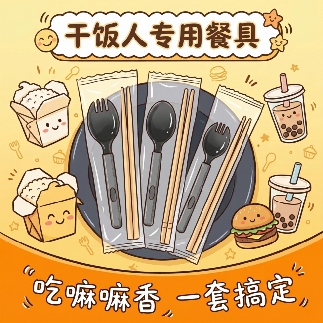 一次性筷子四件套电商主图，1:1比例，手绘卡通风格。顶部核心信息区主标题“干饭人专用餐具”采用圆润卡通字体，搭配小表情装饰，居中排列带波浪边框。中部商品展示区产品周围手绘外卖盒、小汉堡、奶茶等卡通元素预览效果
