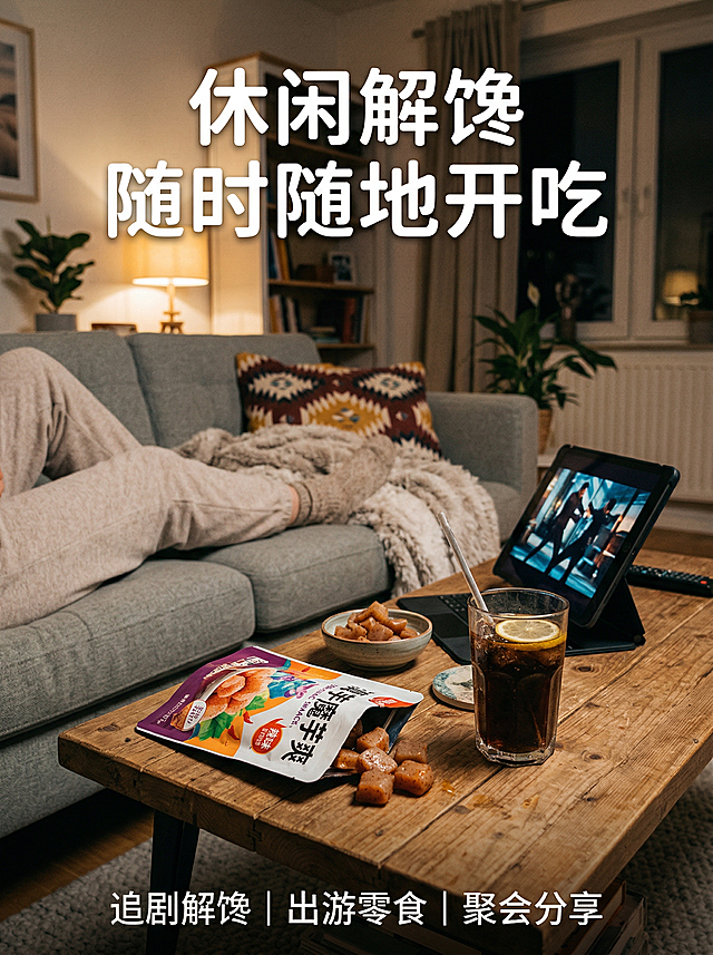 滇芋魔芋爽电商详情图食用场景收尾，简约休闲客厅场景，茶几上放着打开的滇芋魔芋爽和冰可乐，旁边有沙发和平板电脑营造追剧氛围，上方标题 "休闲解馋 随时随地开吃"，下方标注 "追剧解馋 | 出游零食 | 聚会分享"，整体营造轻松休闲氛围，风格统一，背景铺满全屏