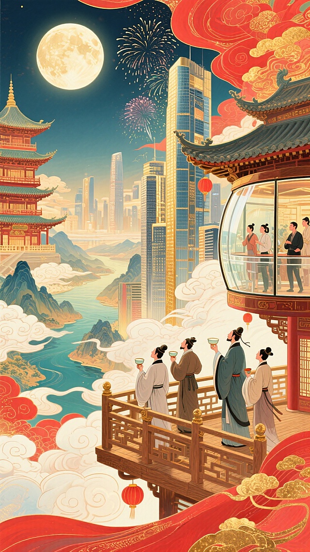一侧，古代木质观景台，古代文人聚此，举着酒樽、凭栏望圆月、山河；另一侧，现代摩天楼高空观景舱，现代游客透过全景玻璃，赏烟花，背景古楼阁与城市高楼相融合，明月照。整体画面充斥着华丽的金色和喜庆的红色，奇幻色彩和光影变化，具有丰富的层次感和立体感，体现繁荣昌盛喜庆氛围，梦幻的大透视