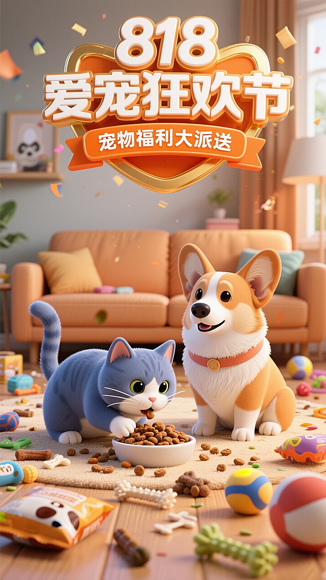 3D卡通风格。顶部（立体鎏金边的白色字标题“818爱宠狂欢节”，标题下面的橙色副标题框内写着“宠物福利大派送”）。主体是一只在吃猫粮的蓝猫和一只端坐着的柯基。背景是暖色调的客厅，客厅地上有杂乱放置的狗粮、磨牙棒，玩具球等宠物用品。色彩鲜艳，突出大促狂欢氛围
