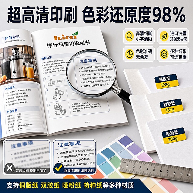 [主图-2] 主题：印刷工艺与品质细节展示，突出超高清印刷、色彩还原、纸张质感等产品特点。
[统一基调] 国内电商1:1主图，专业可信的工厂源头风格，主色调为深蓝色+明黄色+白色，标题用粗黑体大字，辅助文字用简洁无衬线体，强调色为明黄色，整体干净利落有工业感。
[画面] 画面中央偏左位置放大展示一本打开的说明书内页特写，能清晰看到极小的文字也锐利不模糊，彩色图片色彩饱满层次丰富，纸张纹理细腻；旁边用放大镜效果圈出文字细节区域，展示高清印刷的清晰度；右侧整齐排列三种不同纸张样品：铜版纸、双胶纸、哑粉纸，每种纸张旁边立着小标签标注名称和克重；背景为浅灰色渐变桌面，散落着几支彩色色卡和一把比例尺，营造专业质检的氛围。视角为45度俯视的产品特写，突出细节质感。
[光影质感] 影棚柔光拍摄质感，主光从左上方45度照射，纸张表面有均匀的漫反射，文字边缘锐利无晕染，彩色图案色彩还原准确，整体质感高级专业。
[配色] 浅灰色背景，产品本身的彩色内容作为视觉焦点，深蓝色标题，明黄色强调标签，白色文字说明。
[文字版式] 顶部大标题粗黑体居中："超高清印刷 色彩还原度98%"；下方四个卖点图标两排分布在画面右侧："高清细腻 小字清晰""进口油墨 环保无异味""色彩准确 无色差""多种纸张 可选克重"；左下角放对比示意图：左边模糊印刷打叉，右边高清印刷打勾；底部小字说明："支持铜版纸 双胶纸 哑粉纸 特种纸等多种材质"。文字布局错落有致，不遮挡产品细节展示。
[输出要求] 1:1正方形，2K分辨率，文字清晰可读，产品细节锐利，色彩还原真实，无变形错字，无水印无平台logo，专业品质感强。