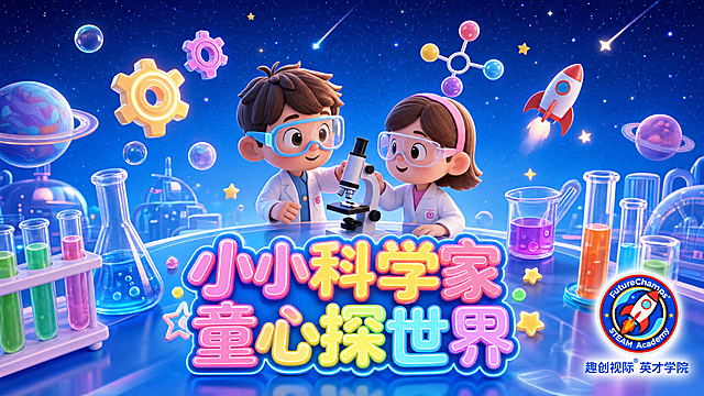 参考图一的卡通风格，生成一张Steam科普实验主题海报，保留两个做实验的卡通小孩、显微镜和实验器材元素，将图二的'趣创视际 英才学院 FutureChamps STEAM Academy'logo融入海报右下角，标题改为'小小科学家 童心探世界'，整体风格高清3D卡通，蓝色星空背景