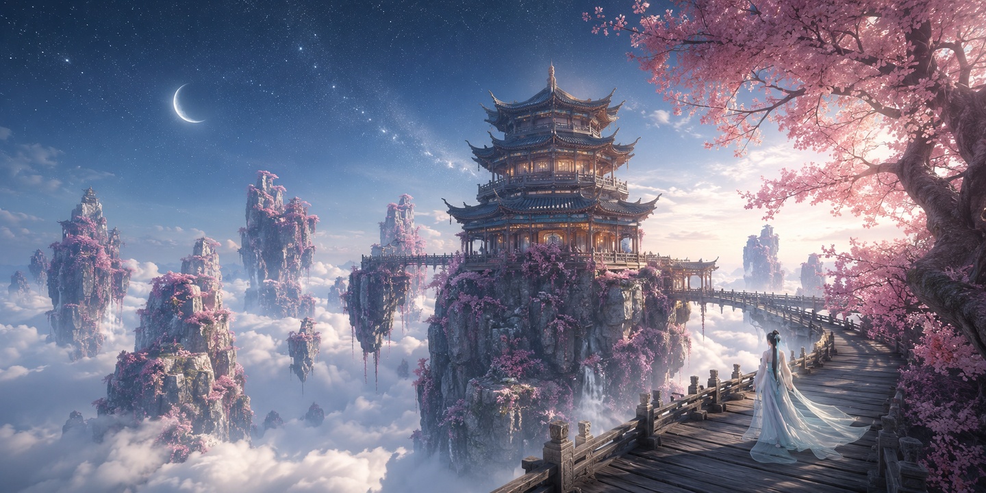 纵深广角构图，画面右下角延伸仿古木质云间栈道，栈道上仅有一位古… - 图片创意预览