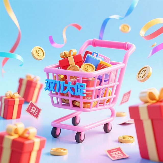 一个装满商品的粉色购物车（车身写着蓝字“双11大促”），周围环绕金币、彩色丝带、红色礼盒、优惠券等元素，背景为浅蓝色霓虹灯渐变，促销氛围