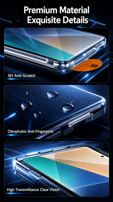 [Screen 9: Detail & Material] Close-up macro of tempered film key details. Uses [Image 1] for produc预览效果