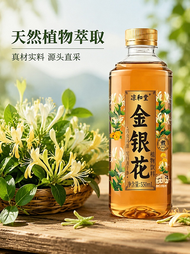 [主图-2] 金银花原料溯源展示，突出天然植物萃取核心卖点。
[氛围风格] 自然原生态产地风，真实可信，保持整体风格统一。
[画质] 商业摄影质感，光线柔和通透，细节清晰，画面干净高级。
[元素] 饮料瓶在画面右侧展示，左侧为新鲜采摘的带枝金银花，花朵饱满叶片翠绿，真实展示原料形态。保持饮料瓶产品外观、颜色、结构与原图一致，精细化处理无变形色差。商品主体占比约60%，左右分屏构图，原料与产品呼应呈现。
[光影] 户外自然光漫射，整体明亮自然，金银花纹理清晰，瓶身光泽自然。
[配色] 自然绿色为主，搭配浅棕原木背景，还原天然采摘氛围。
[视角构图] 平视，浅景深突出主体，左右布局清晰分明。
[文字版式] 左侧上方大字文案"天然植物萃取"，深绿色粗体，下方小字辅助"真材实料 源头直采"，清晰不遮挡主体。
[输出要求] 3:4比例，文字清晰可辨，超高清商业摄影质感。
[负向提示词] 变形，文字错乱，产品图模糊，背景杂乱，水印，电商平台Logo，夸大功效，文字遮挡主体。